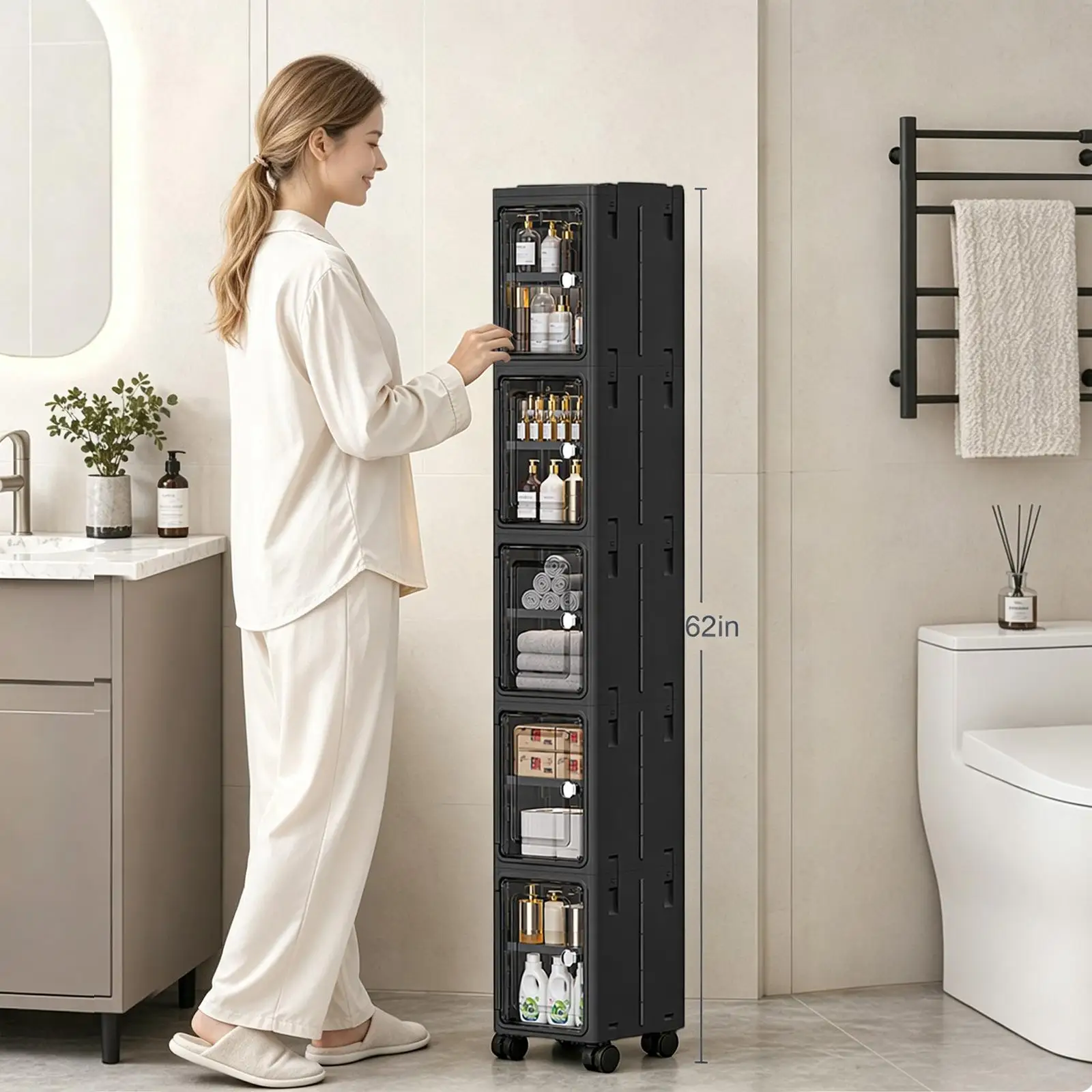 Laundry - ตู้เก็บของแบบมีล้อเลื่อน 5 ชั้น สีดำ ทรงสูง ขนาดเล็ก
