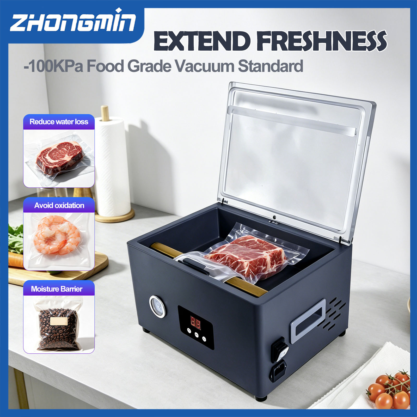 Food Vacuum Sealer Machine - เครื่องซีลสูญญากาศอาหาร ZM-CVS300 เครื่องบรรจุภัณฑ์สูญญากาศอัตโนมัติแบบไฟฟ้า สำหรับการเก็บรักษาอาหารในครัว 220V/110V