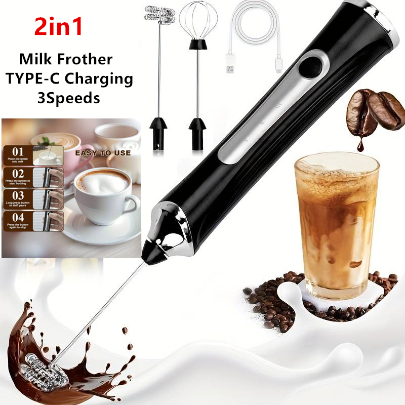 Electric Milk Frother Handheld - เครื่องตีฟองนมไฟฟ้าไร้สายและเครื่องตีไข่พร้อม Type-C 3 ระดับความเร็ว เครื่องตีฟองนมแบบมือถือขนาดเล็ก เครื่องทำฟองนม