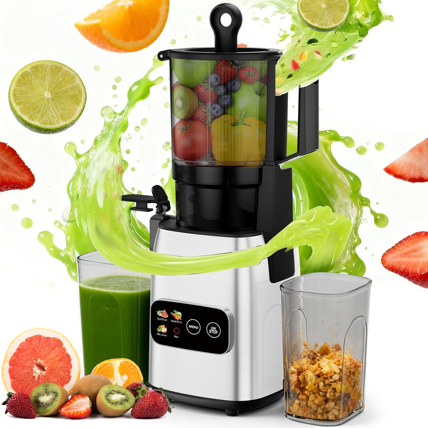 Electric Slow Juicer Cold Press - เครื่องคั้นน้ำผลไม้แบบสกัดเย็นแบบเคี้ยวช้า, 300 วัตต์, ช่องป้อนกว้าง 5.4 นิ้ว,
