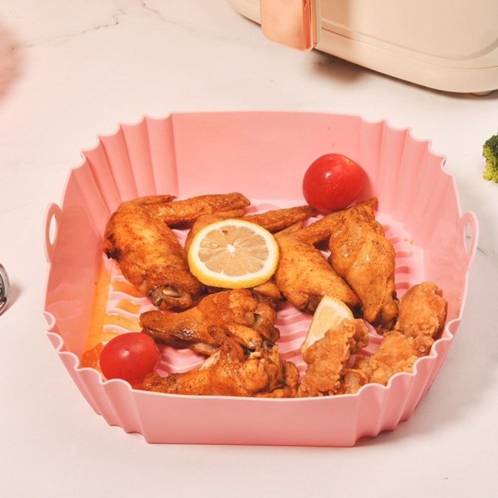 Air Fryer Silicone Pot Liner - แผ่นรองซิลิโคนกันติดสำหรับหม้อทอดไร้น้ำมัน อุปกรณ์เสริมสำหรับทอดไก่ ตะกร้าอบซิลิโคนแบบนิ่ม รูปทรงสี่เหลี่ยม ใช้ซ้ำได้